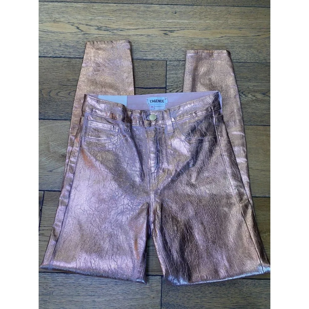 L'Agence Margot Light Rose Gold Foil High Rise Skinny Jeans Women's Size 25 - Picture 7 of 12